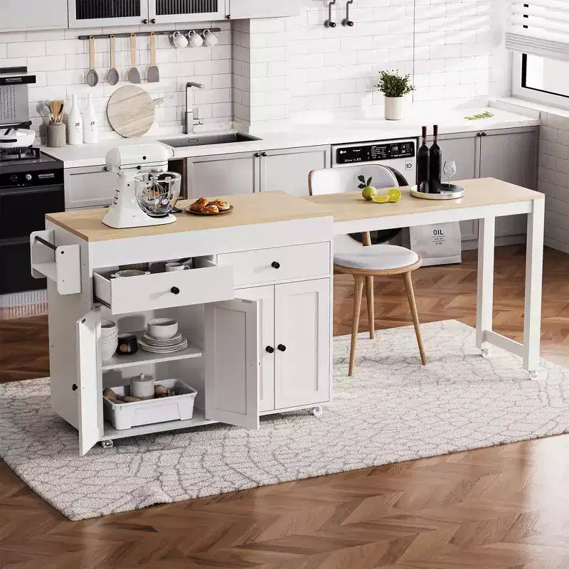 Bestier 75 Îlot de cuisine avec table à manger extensible, îlot de cuisine roulant sur roues avec porte-épices et 2 tiroirs, armoire à 4 portes