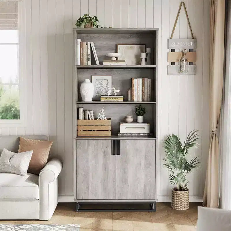 71 Tall Bookcase with Doors, 5-Tier Farmhouse Bookshelf with Storage Cabinet & Adjustable Shelves