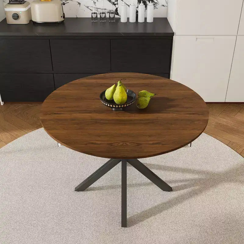 42 Round Dining Table for 6, Wooden Retractable Kitchen Table with Metal Base, Modern Circular Dinner Table for Kitchen Dining Room