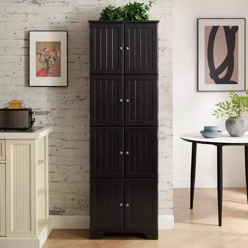 Meuble de rangement haut de 183 cm Meuble de rangement haut avec 8 portes et 4 étagères, bibliothèque pour salon, cuisine, salle à manger, bureau, autoportant, noir