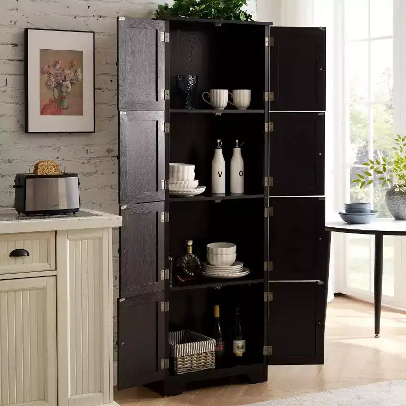 Meuble de rangement haut de 183 cm Meuble de rangement haut avec 8 portes et 4 étagères, bibliothèque pour salon, cuisine, salle à manger, bureau, autoportant, noir