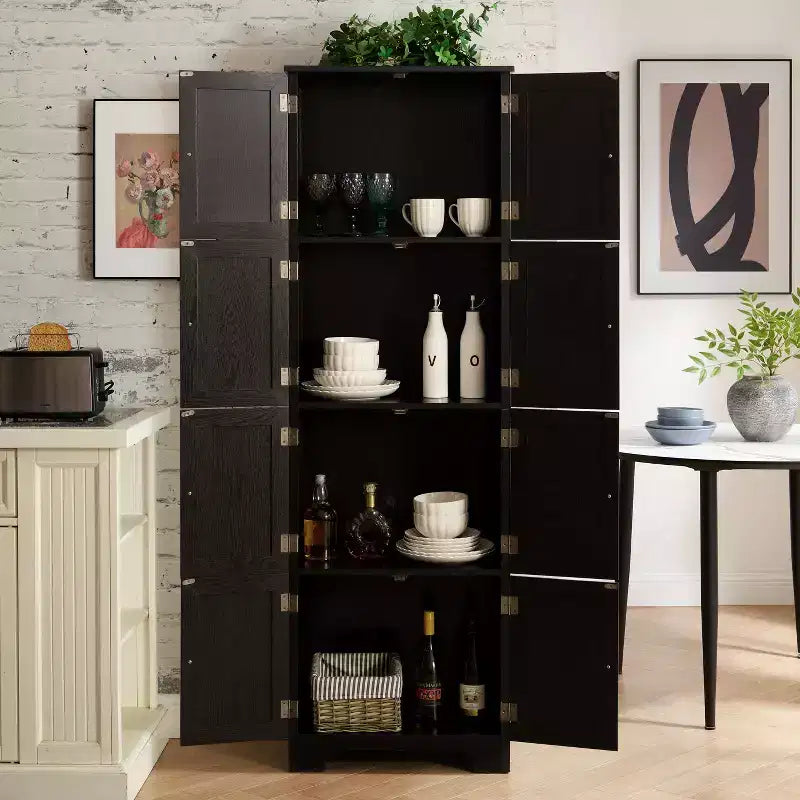 Meuble de rangement haut de 183 cm Meuble de rangement haut avec 8 portes et 4 étagères, bibliothèque pour salon, cuisine, salle à manger, bureau, autoportant, noir