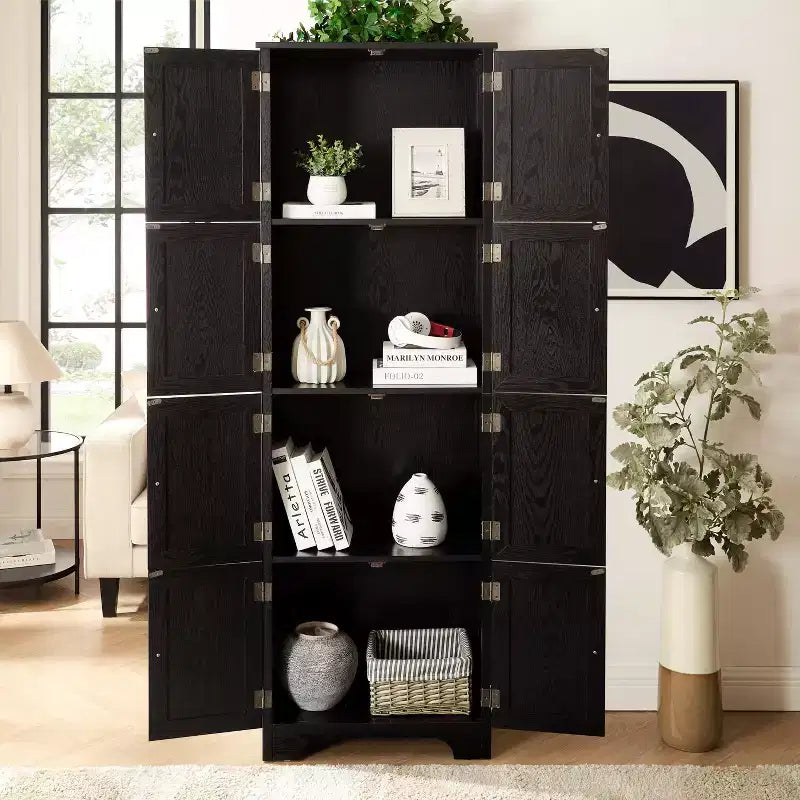 Meuble de rangement haut de 183 cm Meuble de rangement haut avec 8 portes et 4 étagères, bibliothèque pour salon, cuisine, salle à manger, bureau, autoportant, noir