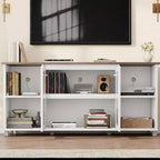 Meuble TV moderne de 70 po avec portes vitrées - Meuble multimédia pour téléviseur de 70 po, console média en bois robuste avec étagères de rangement