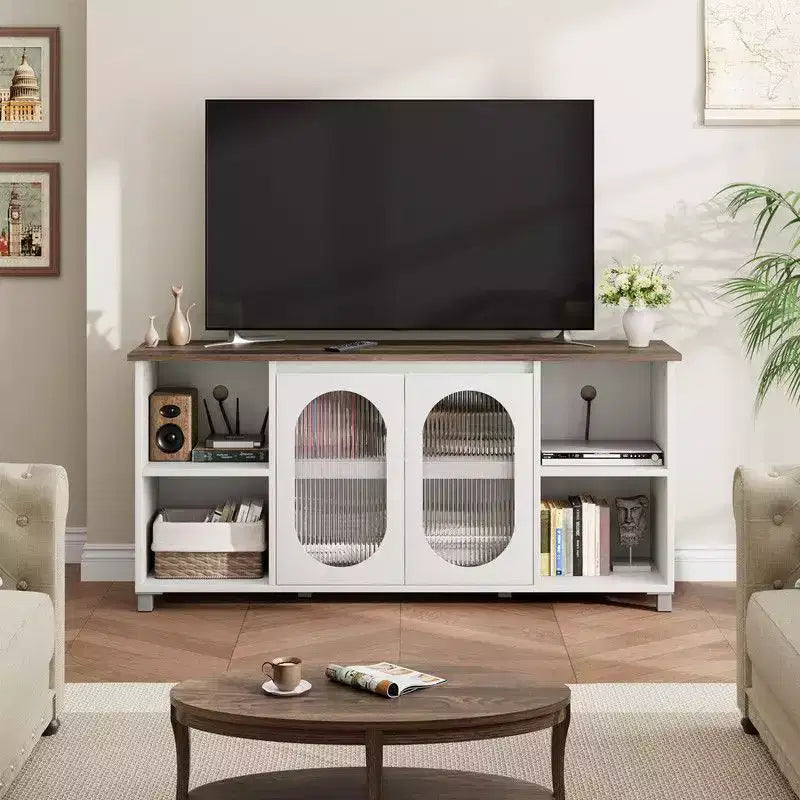 Meuble TV moderne de 70 po avec portes vitrées - Meuble multimédia pour téléviseur de 70 po, console média en bois robuste avec étagères de rangement