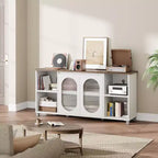 Meuble TV moderne de 70 po avec portes vitrées - Meuble multimédia pour téléviseur de 70 po, console média en bois robuste avec étagères de rangement