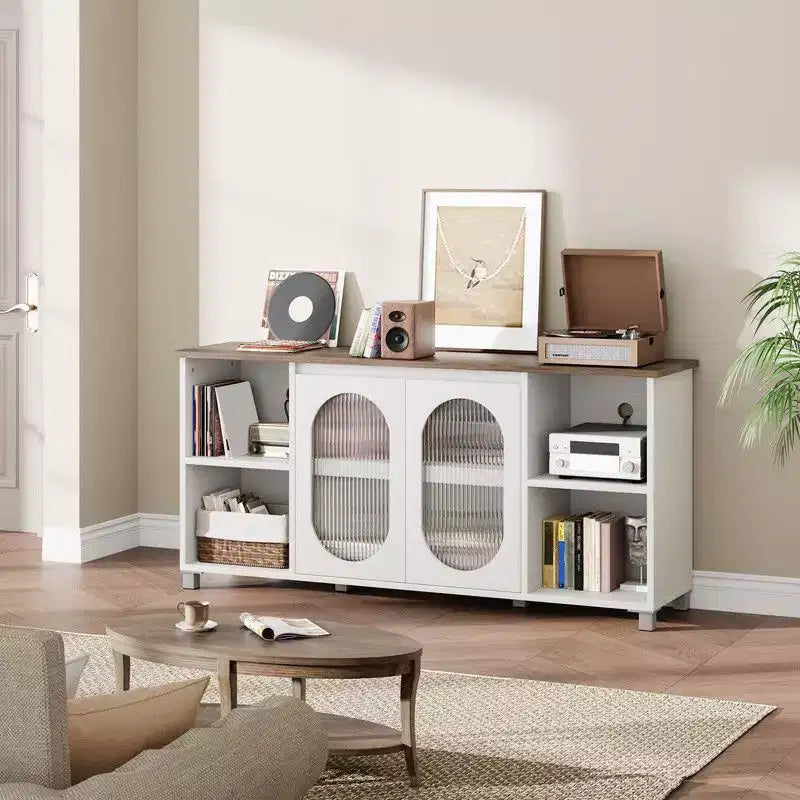 Meuble TV moderne de 70 po avec portes vitrées - Meuble multimédia pour téléviseur de 70 po, console média en bois robuste avec étagères de rangement
