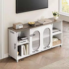 Meuble TV moderne de 70 po avec portes vitrées - Meuble multimédia pour téléviseur de 70 po, console média en bois robuste avec étagères de rangement