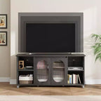 Meuble TV moderne de 70 po avec portes vitrées - Meuble multimédia pour téléviseur de 70 po, console média en bois robuste avec étagères de rangement