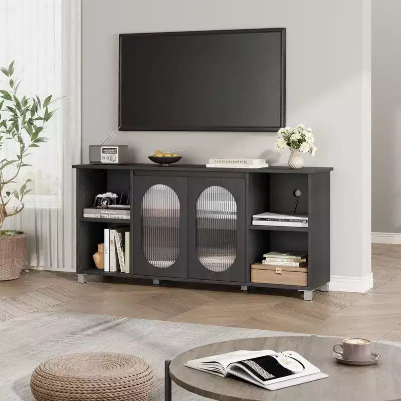 Meuble TV moderne de 70 po avec portes vitrées - Meuble multimédia pour téléviseur de 70 po, console média en bois robuste avec étagères de rangement