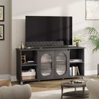 Meuble TV moderne de 70 po avec portes vitrées - Meuble multimédia pour téléviseur de 70 po, console média en bois robuste avec étagères de rangement