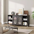 Meuble TV moderne de 70 po avec portes vitrées - Meuble multimédia pour téléviseur de 70 po, console média en bois robuste avec étagères de rangement