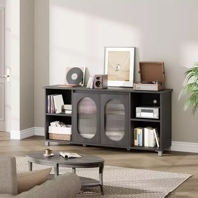 Meuble TV moderne de 70 po avec portes vitrées - Meuble multimédia pour téléviseur de 70 po, console média en bois robuste avec étagères de rangement