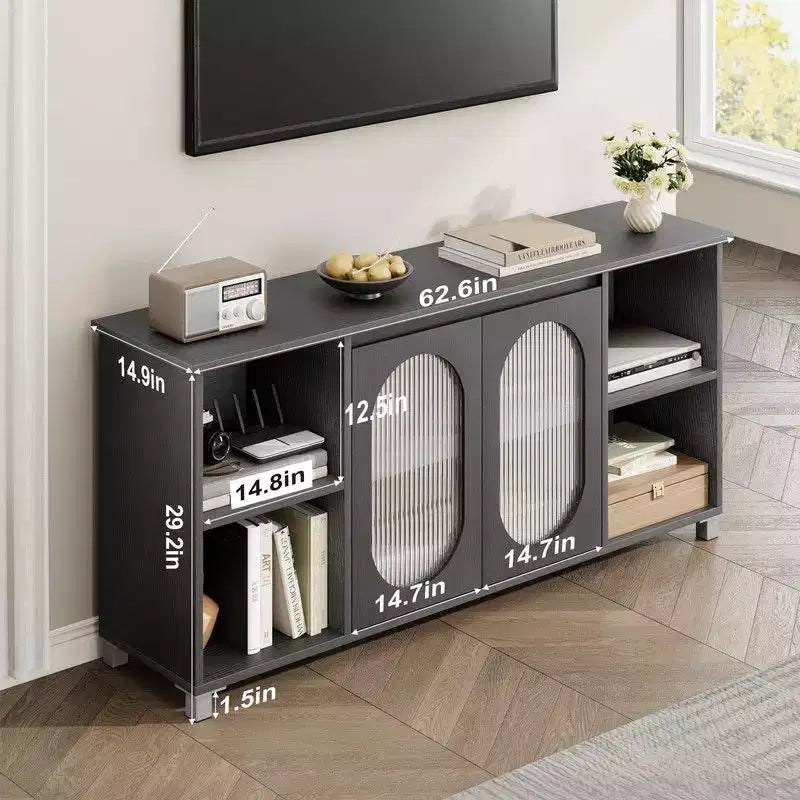 Meuble TV moderne de 70 po avec portes vitrées - Meuble multimédia pour téléviseur de 70 po, console média en bois robuste avec étagères de rangement