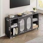 Meuble TV moderne de 70 po avec portes vitrées - Meuble multimédia pour téléviseur de 70 po, console média en bois robuste avec étagères de rangement