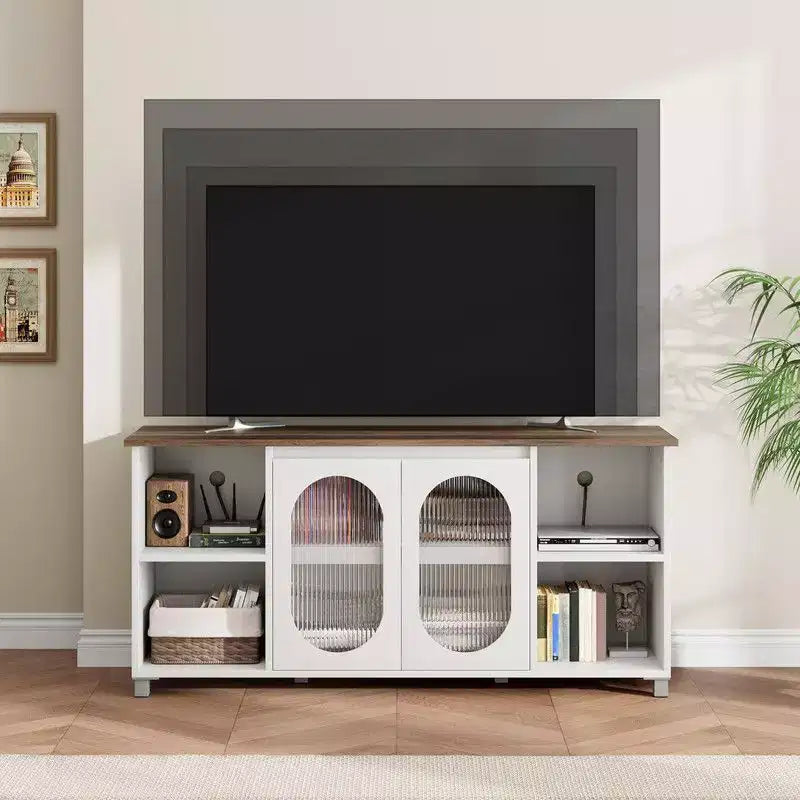 Meuble TV moderne de 70 po avec portes vitrées - Meuble multimédia pour téléviseur de 70 po, console média en bois robuste avec étagères de rangement