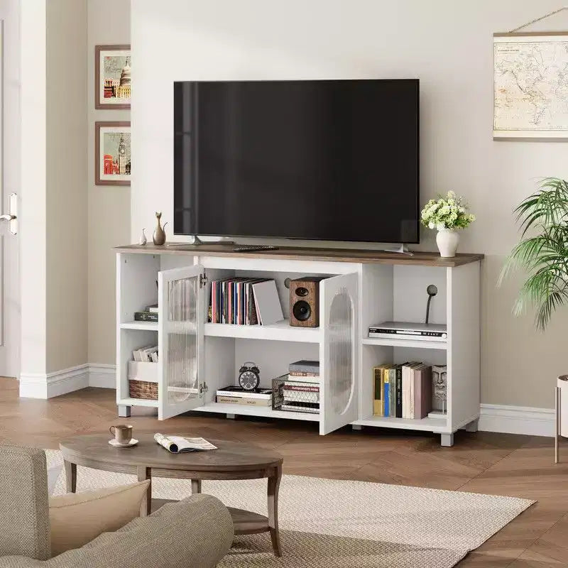 Meuble TV moderne de 70 po avec portes vitrées - Meuble multimédia pour téléviseur de 70 po, console média en bois robuste avec étagères de rangement