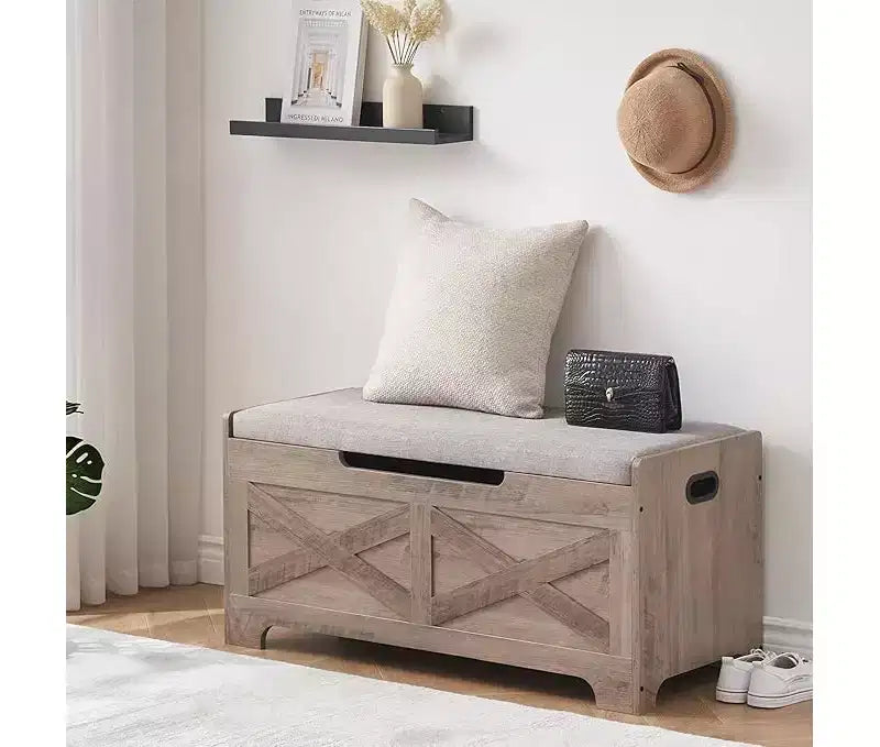 Banc de rangement en bois COZONY 24/40, coffre avec couvercle relevable et charnières de sécurité, pouf facile à monter pour chambre à coucher, entrée, salon
