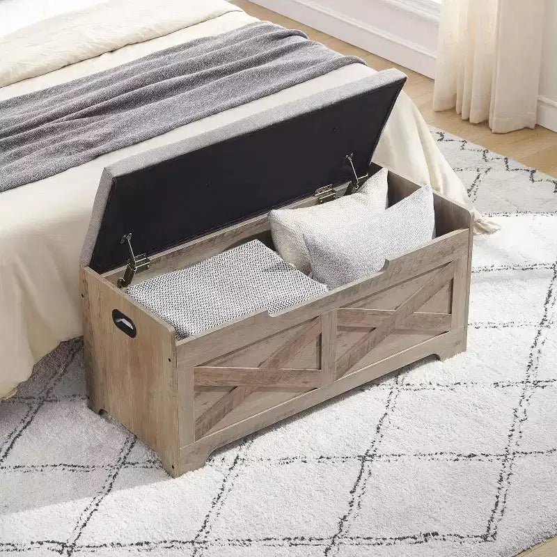 Banc de rangement en bois COZONY 24/40, coffre avec couvercle relevable et charnières de sécurité, pouf facile à monter pour chambre à coucher, entrée, salon