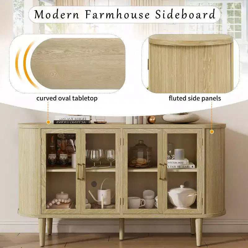 Buffet de ferme Bestier avec rangement, buffet en bois avec portes vitrées et étagères réglables pour la cuisine, la salle à manger, le salon