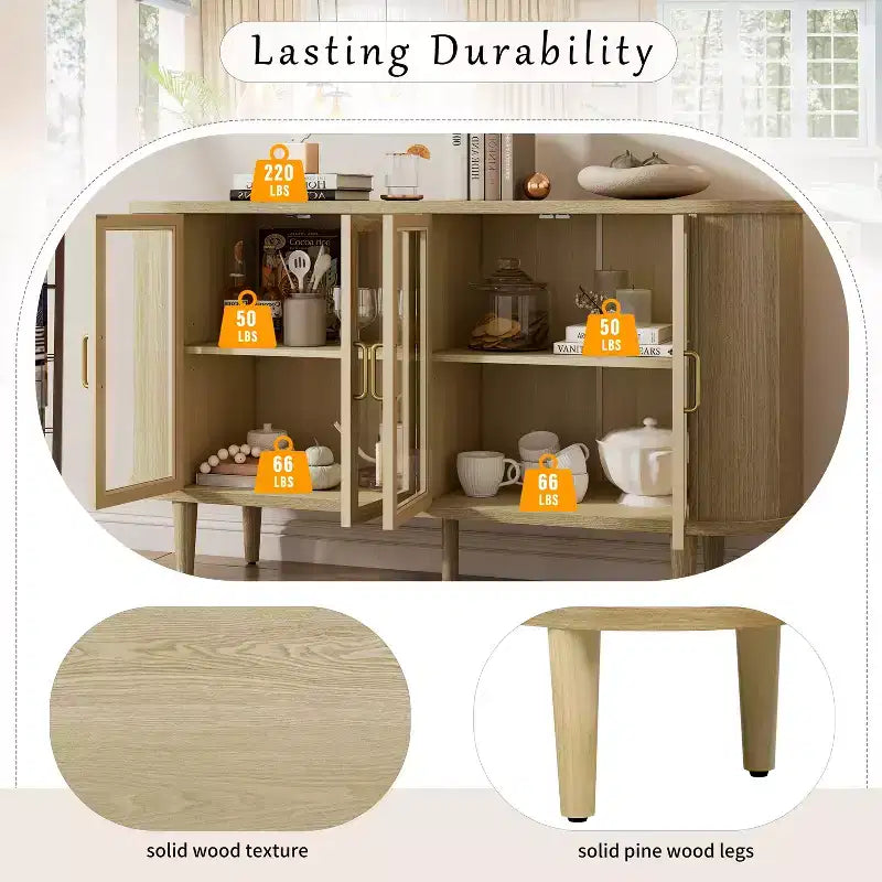 Buffet de ferme Bestier avec rangement, buffet en bois avec portes vitrées et étagères réglables pour la cuisine, la salle à manger, le salon