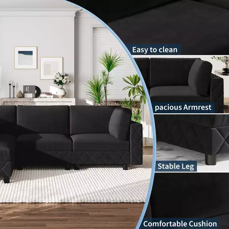 134 Canapé sectionnel modulaire, canapé nuage 4 places en éponge haute densité en forme de L, canapé en velours rembourré pour salon, appartement noir