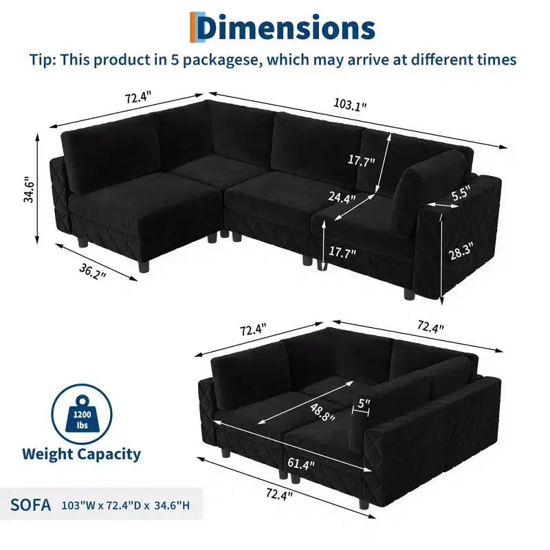 134 Canapé sectionnel modulaire, canapé nuage 4 places en éponge haute densité en forme de L, canapé en velours rembourré pour salon, appartement noir
