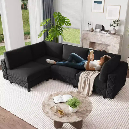 134 Modular Sectional Sofa, 4 Seat High Density Sponges Cloud Couch L Shaped Sofa, Velvet Couch with Upholstered for Living Room, Apartment Black