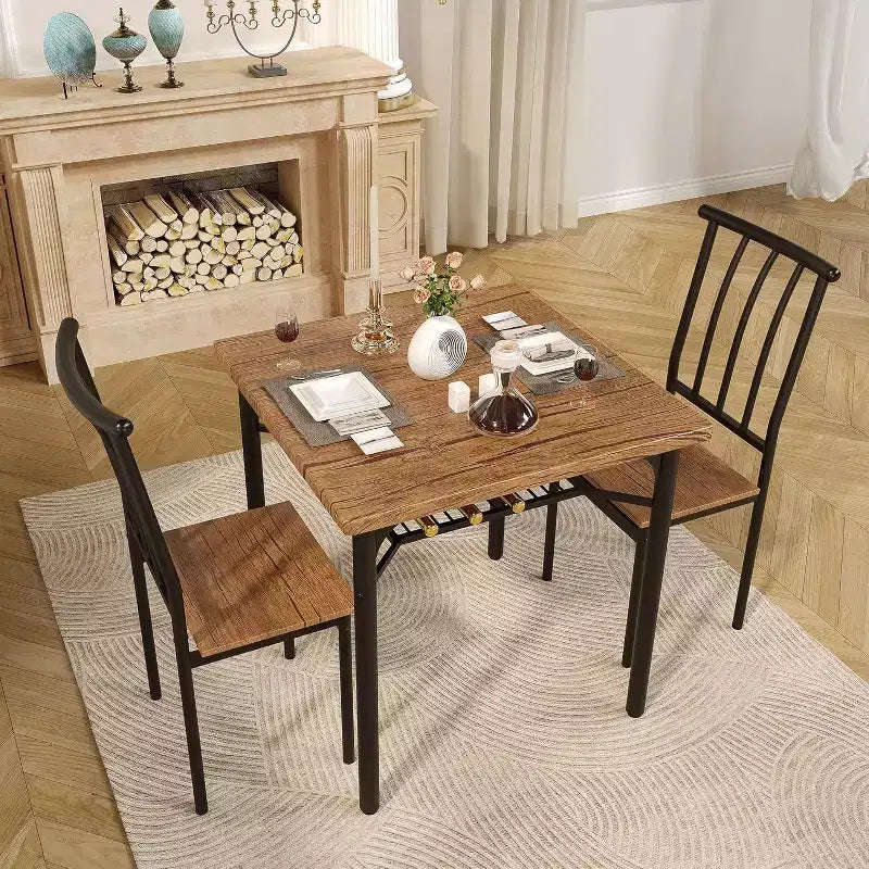 Ensemble table de salle à manger Acekool pour 2 personnes avec porte-bouteilles, table et chaises de cuisine carrées 3 pièces, cadre métallique, peu encombrant pour petit appartement, marron rustique