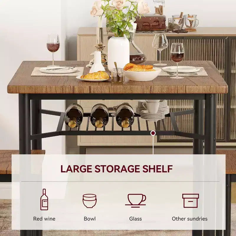Ensemble table de salle à manger Acekool pour 2 personnes avec porte-bouteilles, table et chaises de cuisine carrées 3 pièces, cadre métallique, peu encombrant pour petit appartement, marron rustique