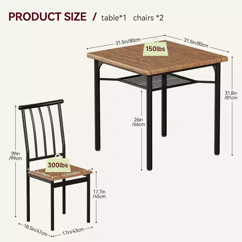 Ensemble table de salle à manger Acekool pour 2 personnes avec porte-bouteilles, table et chaises de cuisine carrées 3 pièces, cadre métallique, peu encombrant pour petit appartement, marron rustique