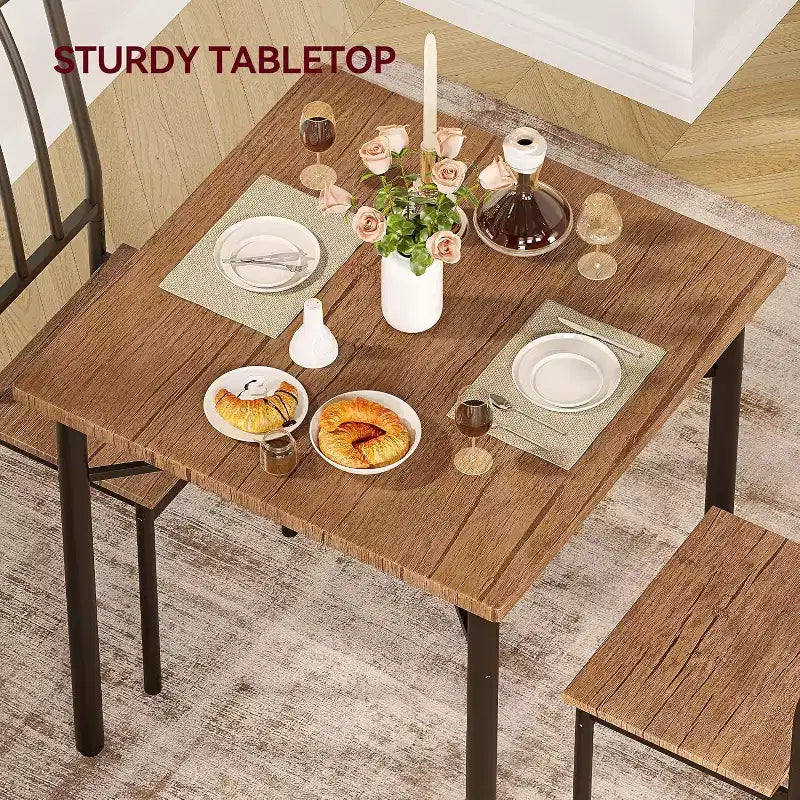 Ensemble table de salle à manger Acekool pour 2 personnes avec porte-bouteilles, table et chaises de cuisine carrées 3 pièces, cadre métallique, peu encombrant pour petit appartement, marron rustique