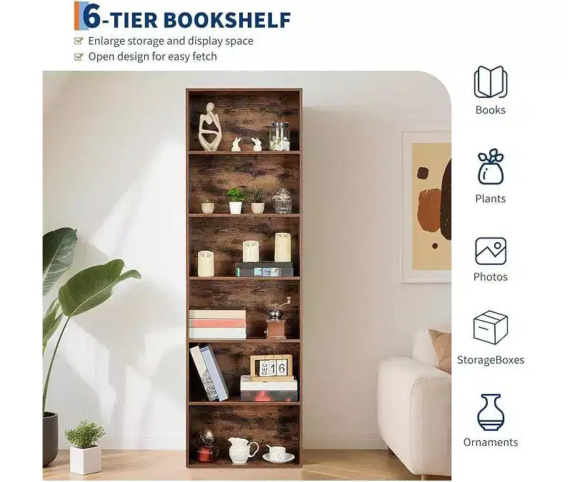 Étagère à livres à 6 niveaux, bibliothèque de 181 cm de haut, étagère de rangement ouverte moderne pour salon, bureau, chambre à coucher - MDF robuste et panneaux de particules