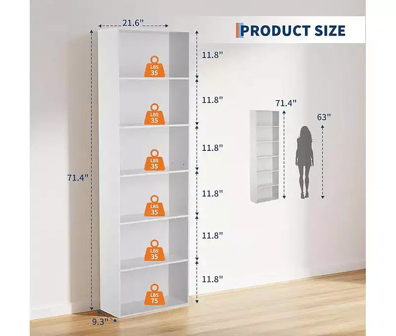 Étagère à livres à 6 niveaux, bibliothèque de 181 cm de haut, étagère de rangement ouverte moderne pour salon, bureau, chambre à coucher - MDF robuste et panneaux de particules
