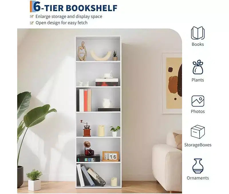 Étagère à livres à 6 niveaux, bibliothèque de 181 cm de haut, étagère de rangement ouverte moderne pour salon, bureau, chambre à coucher - MDF robuste et panneaux de particules