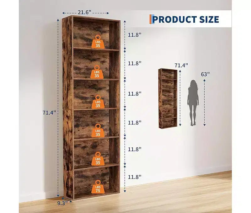 Étagère à livres à 6 niveaux, bibliothèque de 181 cm de haut, étagère de rangement ouverte moderne pour salon, bureau, chambre à coucher - MDF robuste et panneaux de particules