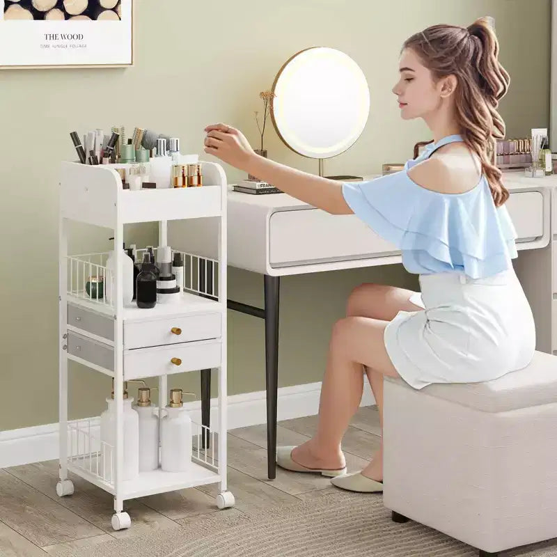 Chariot de rangement de maquillage Costway avec 2 tiroirs et roulettes verrouillables pour parfum, blanc
