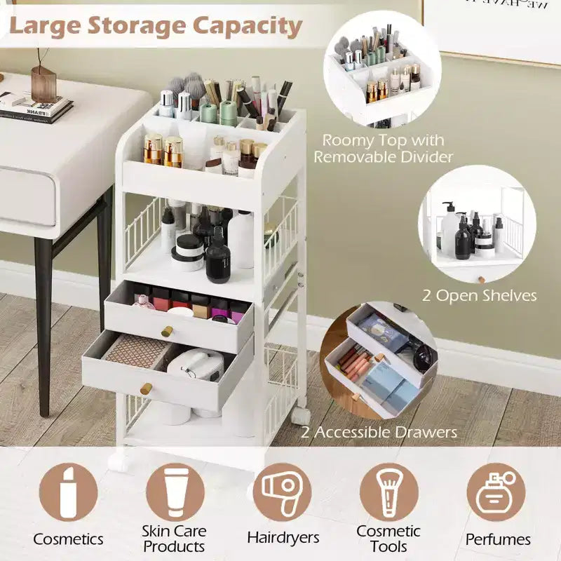 Chariot de rangement de maquillage Costway avec 2 tiroirs et roulettes verrouillables pour parfum, blanc
