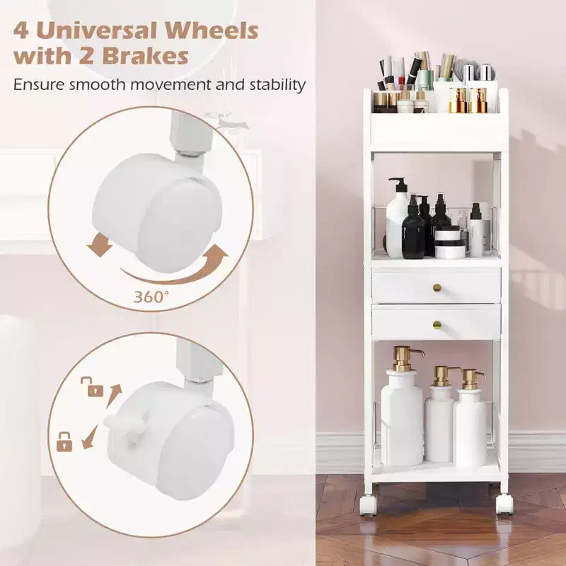 Chariot de rangement de maquillage Costway avec 2 tiroirs et roulettes verrouillables pour parfum, blanc
