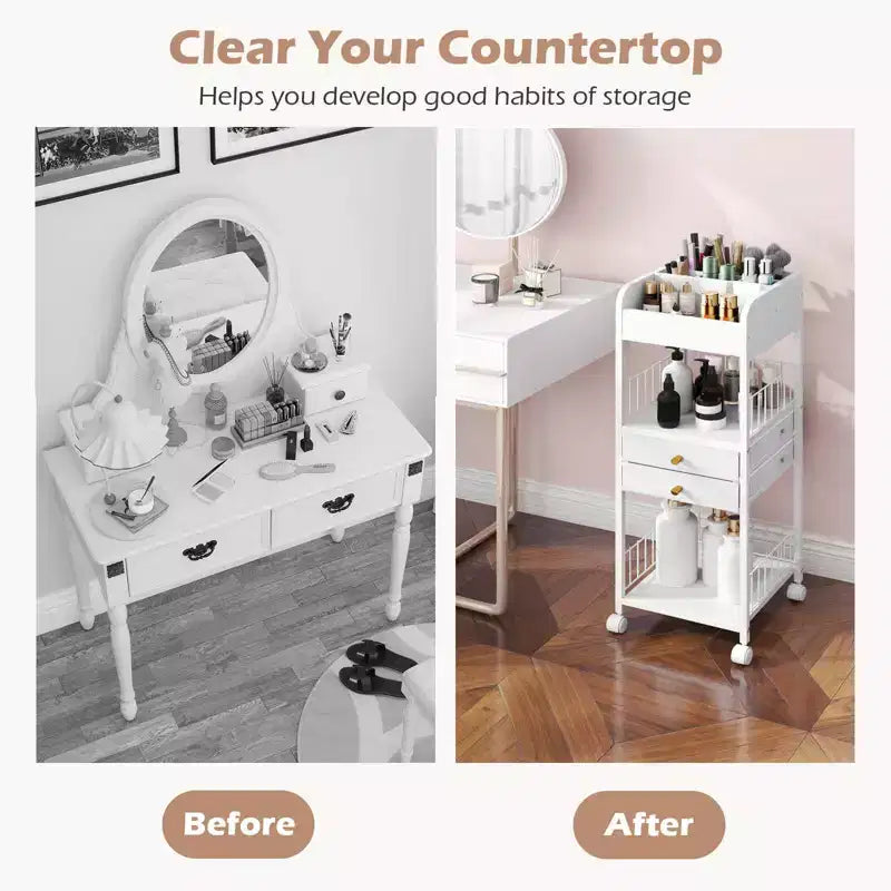 Chariot de rangement de maquillage Costway avec 2 tiroirs et roulettes verrouillables pour parfum, blanc