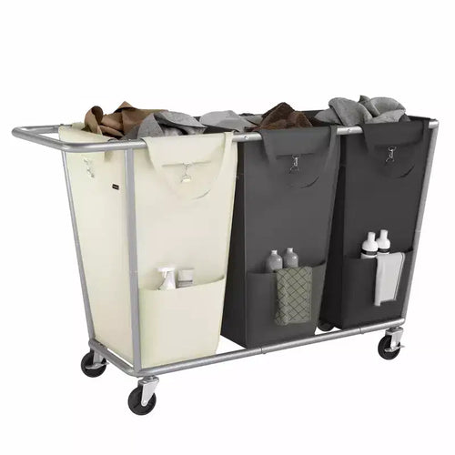 3-Section Laundry Basket with Wheels, Removable Bags, Steel Frame, 76.6 Gallons (290 L), White, Gray, and Black