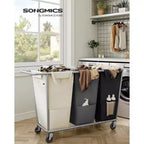 Panier à linge 3 sections avec roulettes, sacs amovibles, cadre en acier, 290 L, blanc, gris et noir