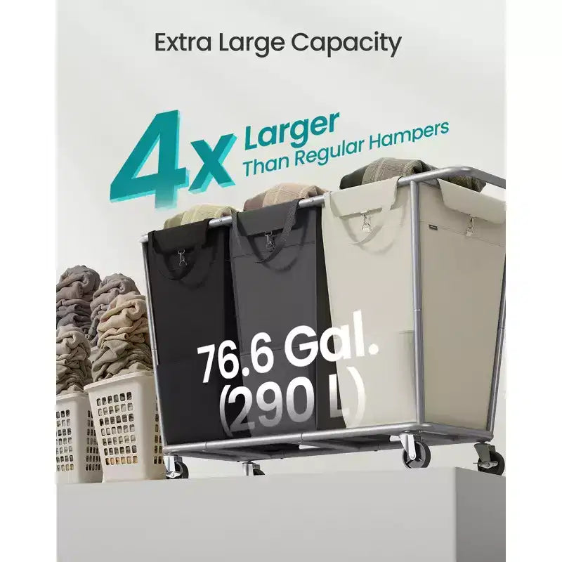 Panier à linge 3 sections avec roulettes, sacs amovibles, cadre en acier, 290 L, blanc, gris et noir