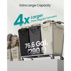 Panier à linge 3 sections avec roulettes, sacs amovibles, cadre en acier, 290 L, blanc, gris et noir