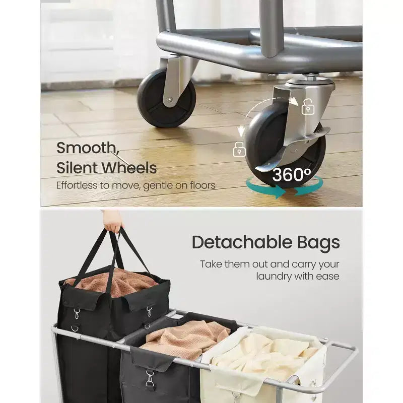 Panier à linge 3 sections avec roulettes, sacs amovibles, cadre en acier, 290 L, blanc, gris et noir