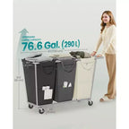 Panier à linge 3 sections avec roulettes, sacs amovibles, cadre en acier, 290 L, blanc, gris et noir