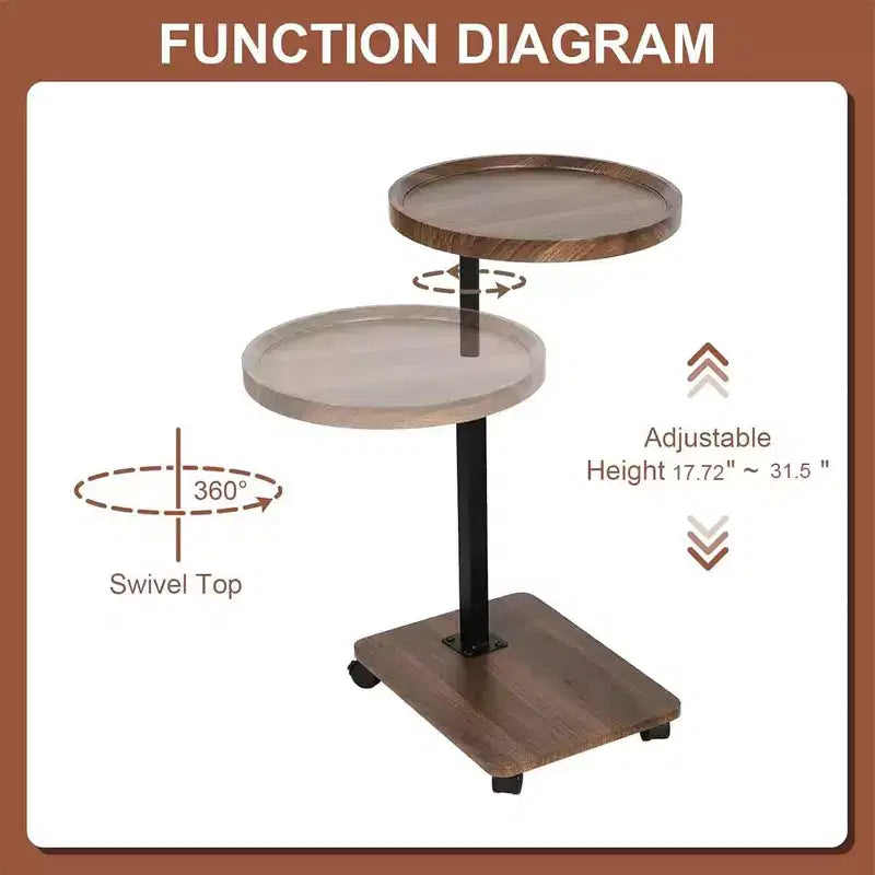 Table d'appoint réglable - Cachpib réglable en hauteur (45-80 cm) en bois avec roulettes/freins, rotative à 360° pour salon/canapé/lit