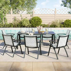 Grande table de salle à manger d'extérieur de 180 cm pour 6 à 8 personnes, table de patio en aluminium étanche avec plateau à lattes et trou pour parasol pour jardin/pelouse