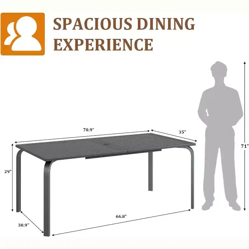 Grande table de salle à manger d'extérieur de 180 cm pour 6 à 8 personnes, table de patio en aluminium étanche avec plateau à lattes et trou pour parasol pour jardin/pelouse