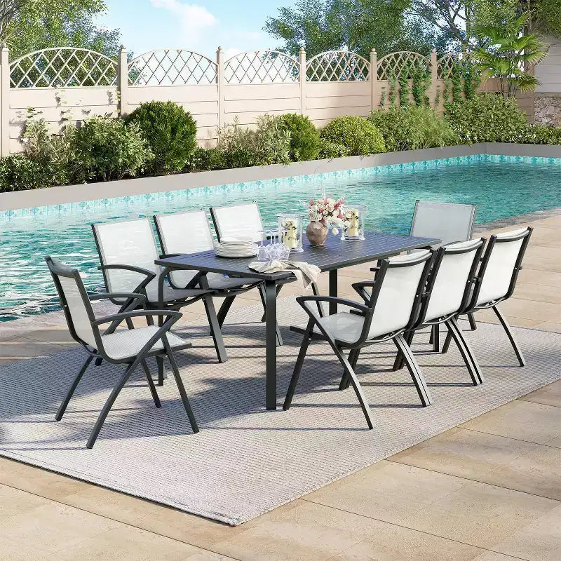 Grande table de salle à manger d'extérieur de 180 cm pour 6 à 8 personnes, table de patio en aluminium étanche avec plateau à lattes et trou pour parasol pour jardin/pelouse
